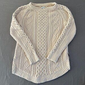 LL Bean Signature Womens XS Cableknit Crewneck Sweater Cream 100% Cotton